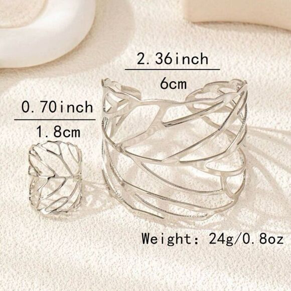 Bangle bracelet & Ring set Metal Leaf Design silver color - Picture 4 of 12